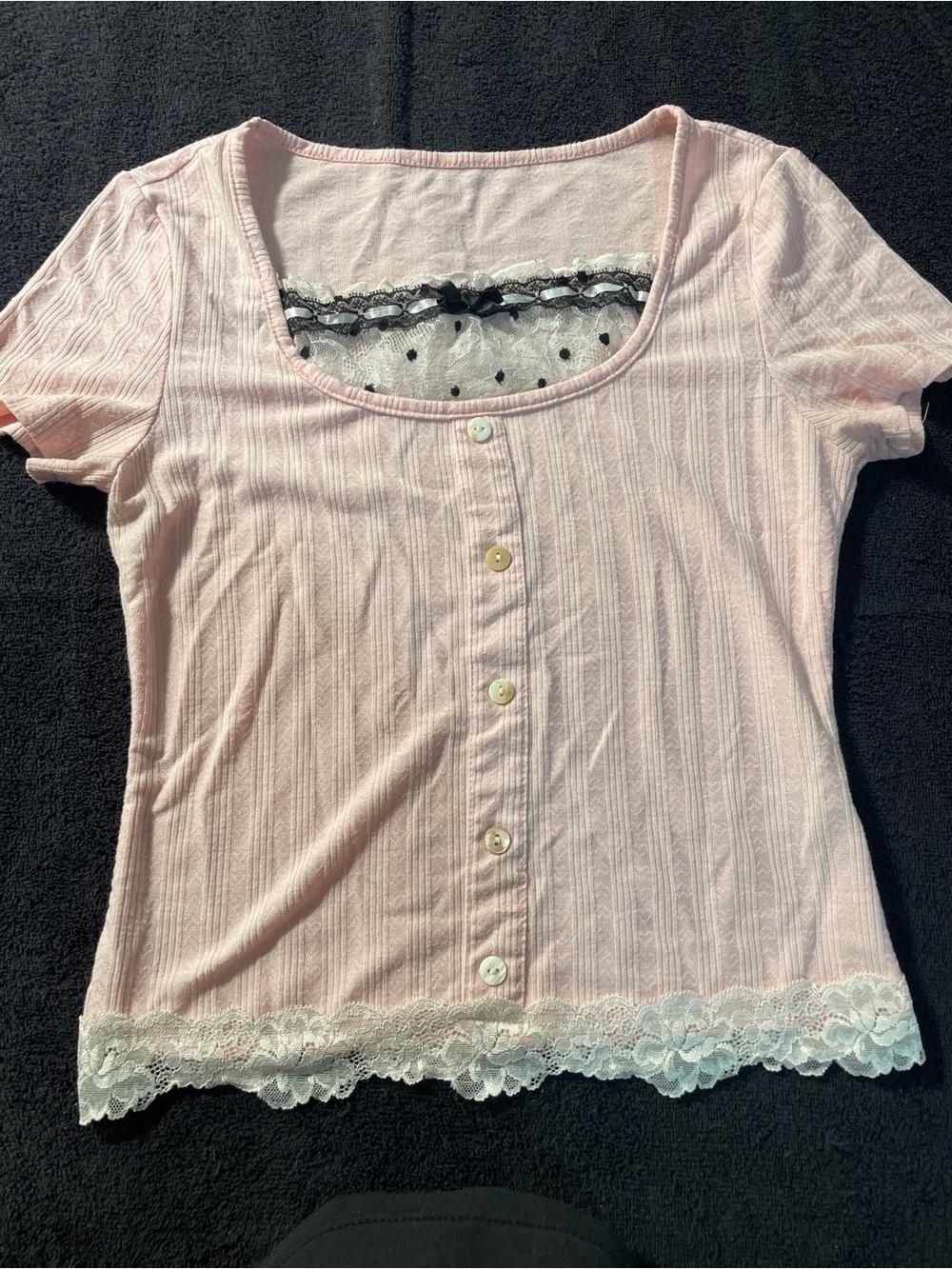 ROMWE Pink Short Sleeve Button-Front Lace Trim Top